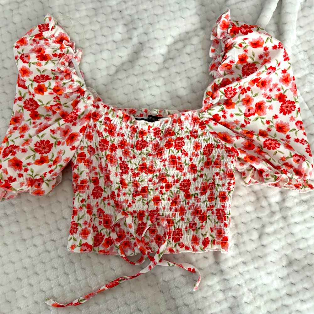 Crop top floral puffy sleeves blouse